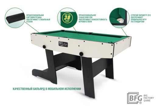 Бильярд BFG Compact Moby 4 (Стандарт) (Пул, серый/черный (ЛДСП), ЛДСП_16, Manchester 45 Yellow green ш1,98м, Х/б сетка)