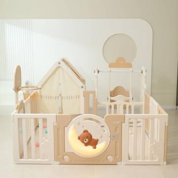 Манеж UNIX Kids DeLuxe House / Делюкс Дом бежевый, 180 x 200 см, с баскетбольной стойкой, доской для рисования, ковриком для игр
