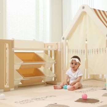 Манеж UNIX Kids DeLuxe House&Storage / Делюкс дом и стеллаж бежевый 180 x 200 см, с игровым домиком, баскетбольной стойкой, доской для рисования, качелями + место для хранения игрушек