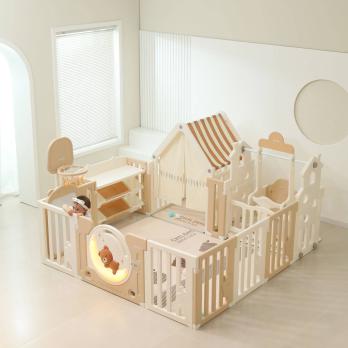 Манеж UNIX Kids DeLuxe House&Storage / Делюкс дом и стеллаж бежевый 180 x 200 см, с игровым домиком, баскетбольной стойкой, доской для рисования, качелями + место для хранения игрушек
