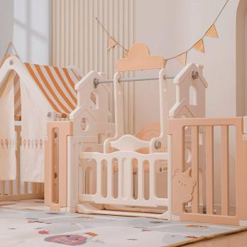 Манеж UNIX Kids DeLuxe House&Storage / Делюкс дом и стеллаж бежевый 180 x 200 см, с игровым домиком, баскетбольной стойкой, доской для рисования, качелями + место для хранения игрушек