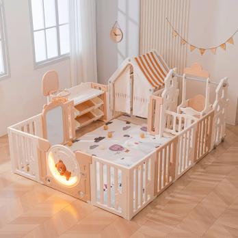 Манеж UNIX Kids DeLuxe House&Storage / Делюкс дом и стеллаж бежевый 180 x 200 см, с игровым домиком, баскетбольной стойкой, доской для рисования, качелями + место для хранения игрушек