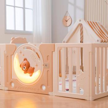 Манеж UNIX Kids DeLuxe House&Storage / Делюкс дом и стеллаж бежевый 180 x 200 см, с игровым домиком, баскетбольной стойкой, доской для рисования, качелями + место для хранения игрушек
