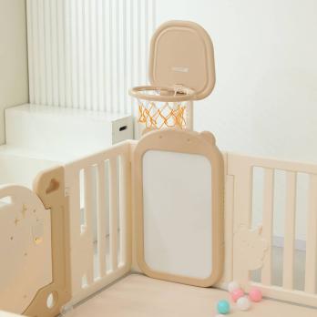 Манеж UNIX Kids DeLuxe House&Storage / Делюкс дом и стеллаж бежевый 180 x 200 см, с игровым домиком, баскетбольной стойкой, доской для рисования, качелями + место для хранения игрушек
