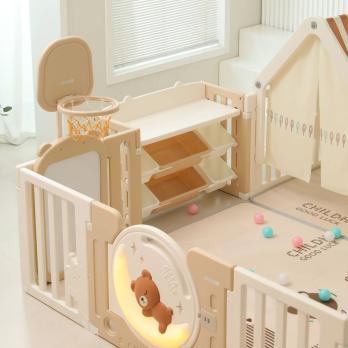 Манеж UNIX Kids DeLuxe House&Storage / Делюкс дом и стеллаж бежевый 180 x 200 см, с игровым домиком, баскетбольной стойкой, доской для рисования, качелями + место для хранения игрушек